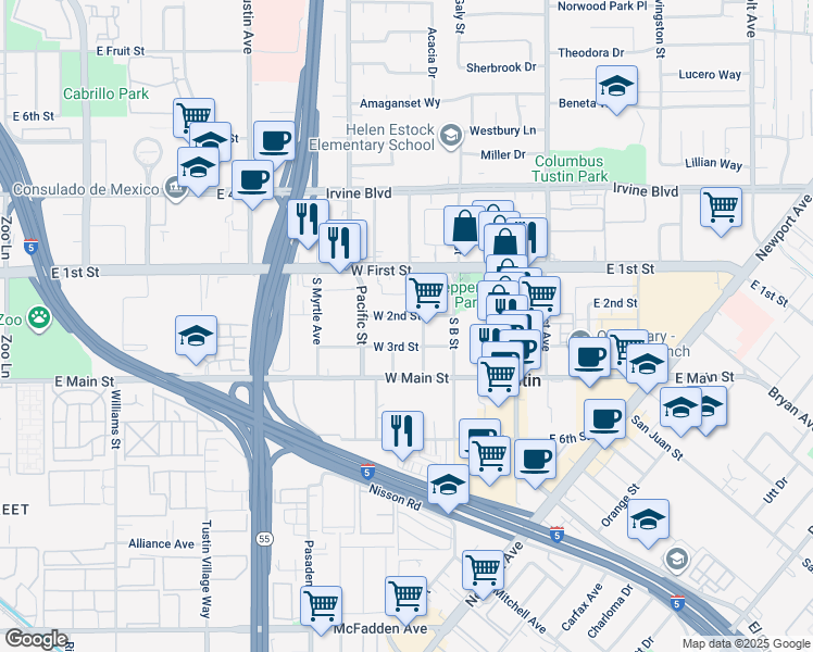 map of restaurants, bars, coffee shops, grocery stores, and more near 430 West 2nd Street in Tustin