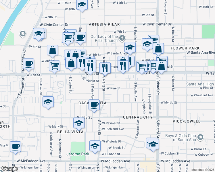 map of restaurants, bars, coffee shops, grocery stores, and more near 1725 West Pine Street in Santa Ana