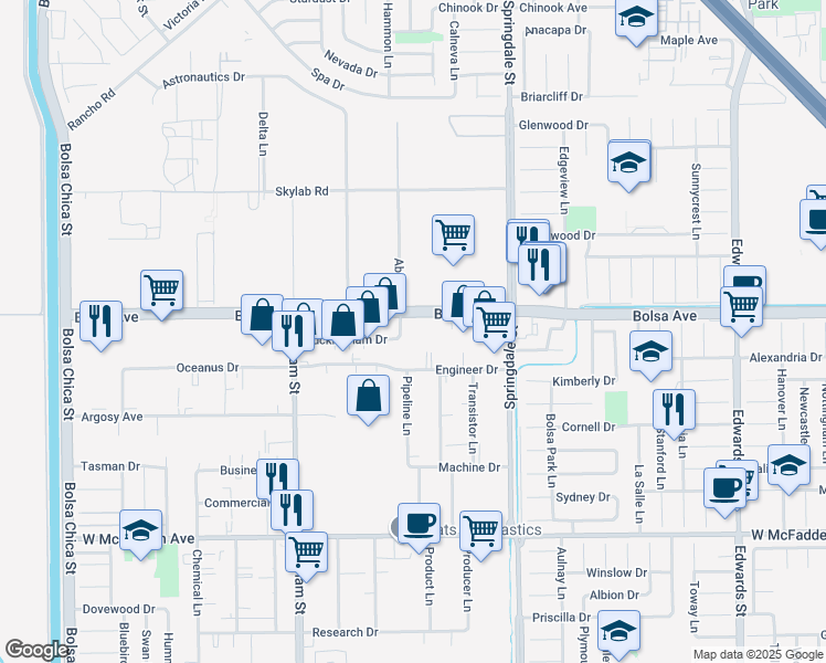 map of restaurants, bars, coffee shops, grocery stores, and more near 750 Dan Lane in Huntington Beach
