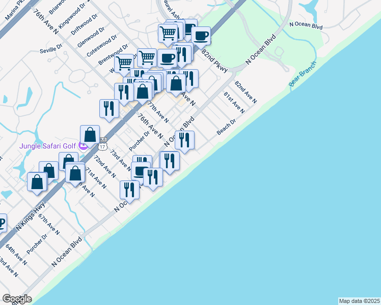 map of restaurants, bars, coffee shops, grocery stores, and more near 201 77th Avenue North in Myrtle Beach
