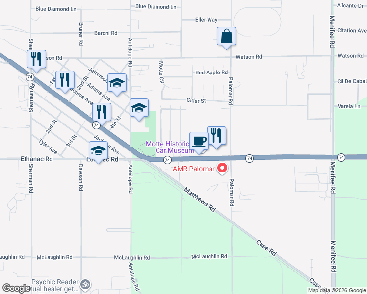 map of restaurants, bars, coffee shops, grocery stores, and more near 25944 Tradewinds Drive in Romoland