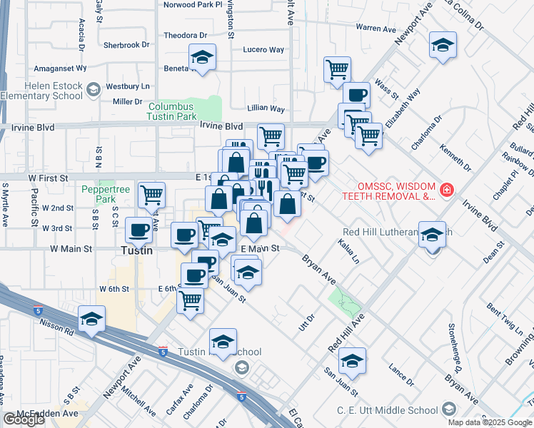 map of restaurants, bars, coffee shops, grocery stores, and more near 13444 Newport Avenue in Tustin