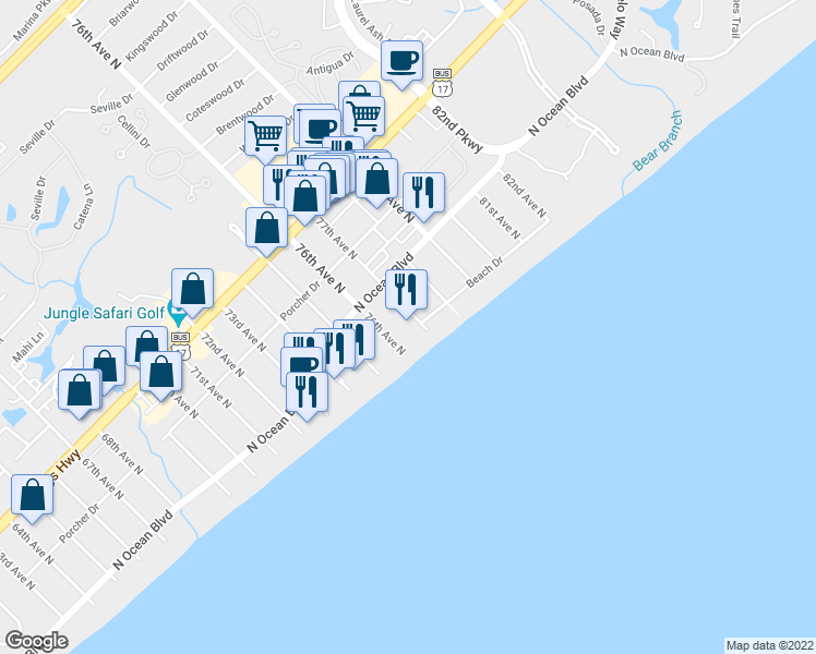 map of restaurants, bars, coffee shops, grocery stores, and more near 201 77th Avenue North in Myrtle Beach