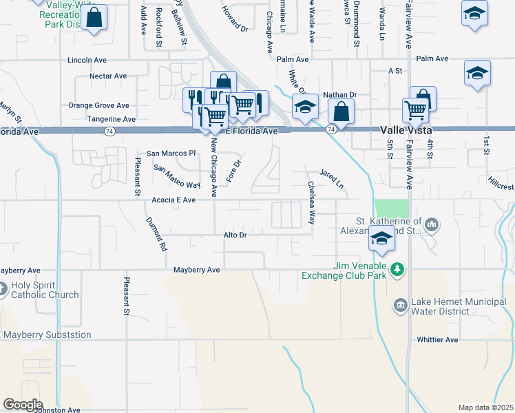 map of restaurants, bars, coffee shops, grocery stores, and more near 43464 Briercliff Drive in Hemet