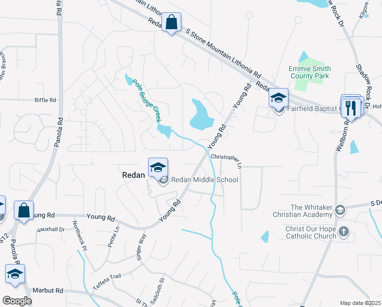 map of restaurants, bars, coffee shops, grocery stores, and more near 5727 Tunbridge Wells Road in Lithonia