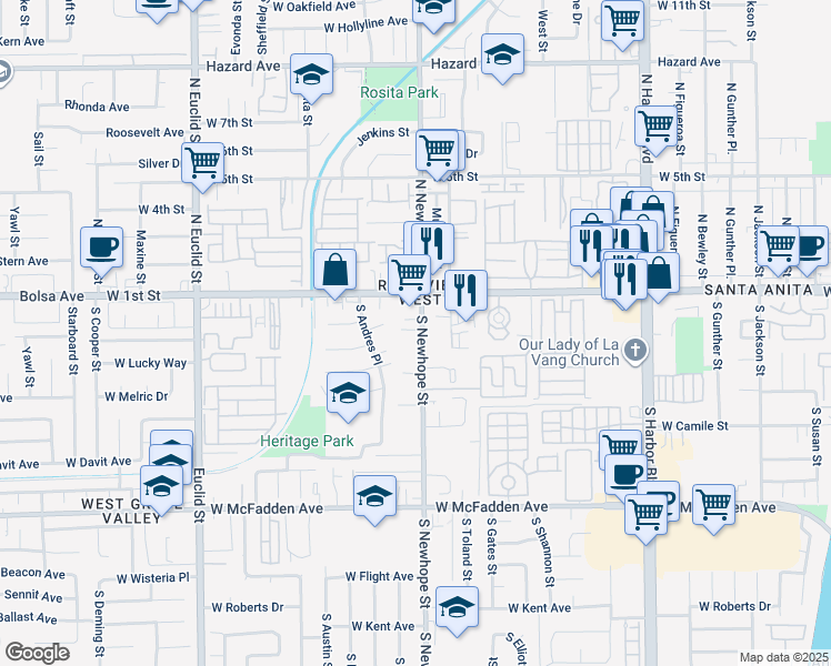 map of restaurants, bars, coffee shops, grocery stores, and more near 210 South Newhope Street in Santa Ana