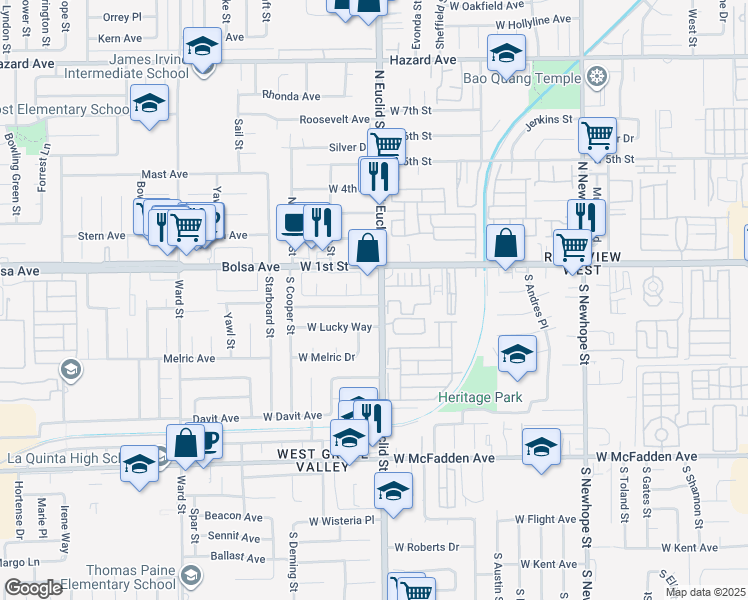 map of restaurants, bars, coffee shops, grocery stores, and more near 5201 West Henderson Place in Santa Ana
