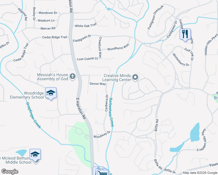 map of restaurants, bars, coffee shops, grocery stores, and more near 1704 Canberra Drive in Stone Mountain