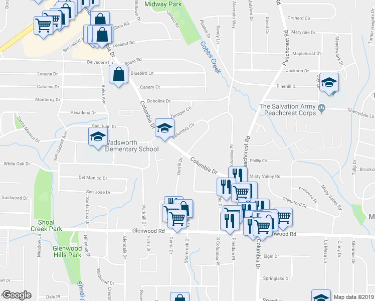 map of restaurants, bars, coffee shops, grocery stores, and more near 1576 Columbia Drive in Decatur