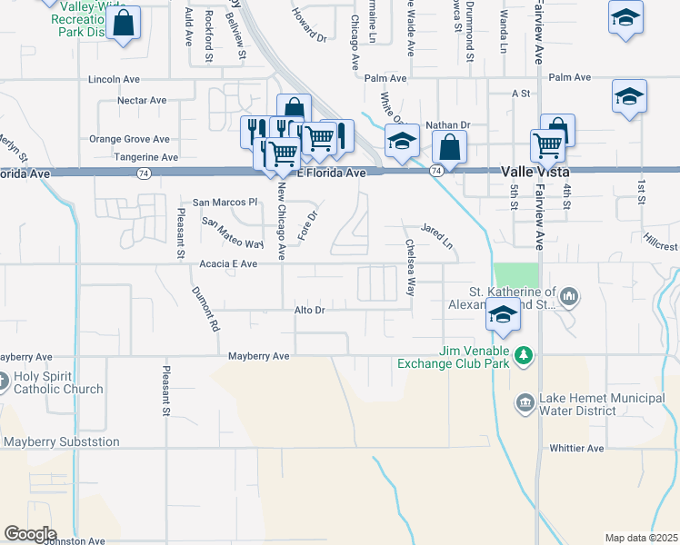 map of restaurants, bars, coffee shops, grocery stores, and more near 43464 Briercliff Drive in Hemet