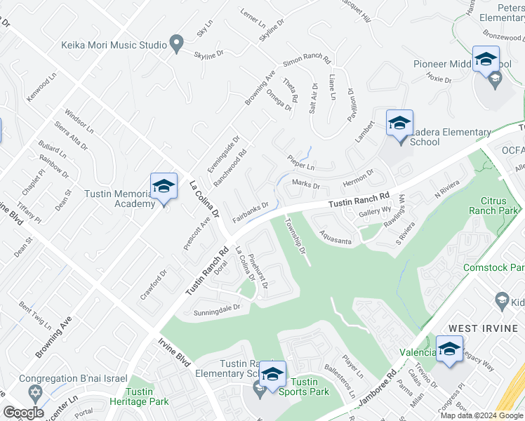 map of restaurants, bars, coffee shops, grocery stores, and more near 12410 Fairbanks Drive in Tustin
