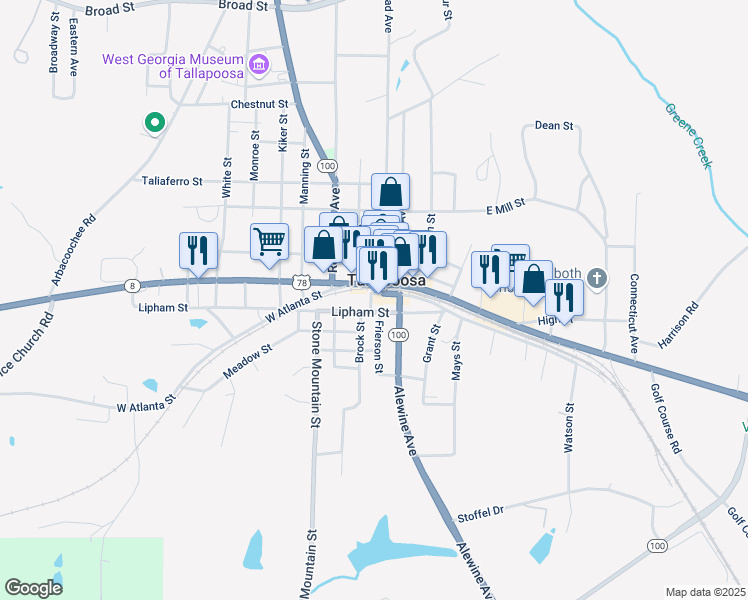 map of restaurants, bars, coffee shops, grocery stores, and more near 38 West Alabama Street in Tallapoosa