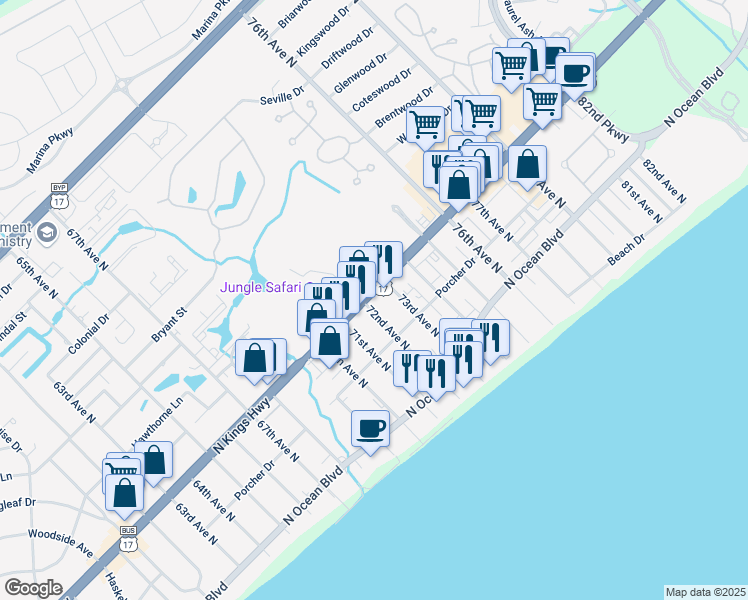 map of restaurants, bars, coffee shops, grocery stores, and more near 7200 U.S. 17 Business in Myrtle Beach