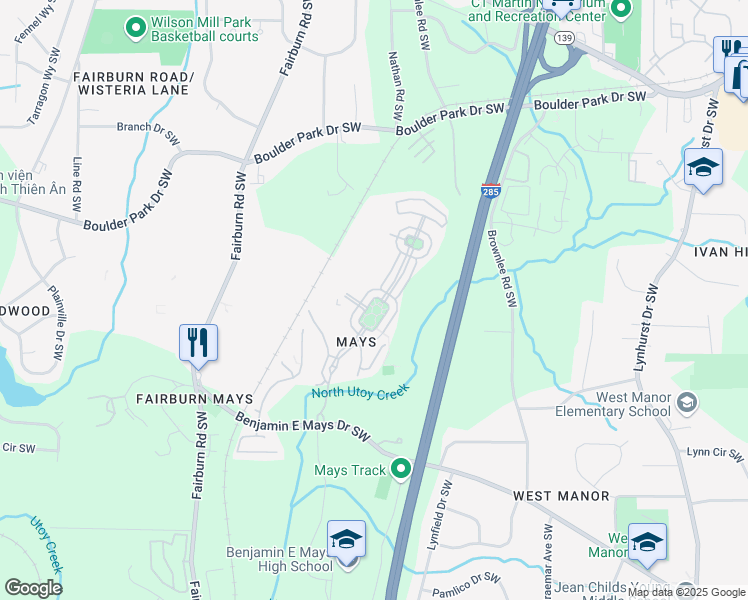 map of restaurants, bars, coffee shops, grocery stores, and more near 588 Lofty Lane in Atlanta