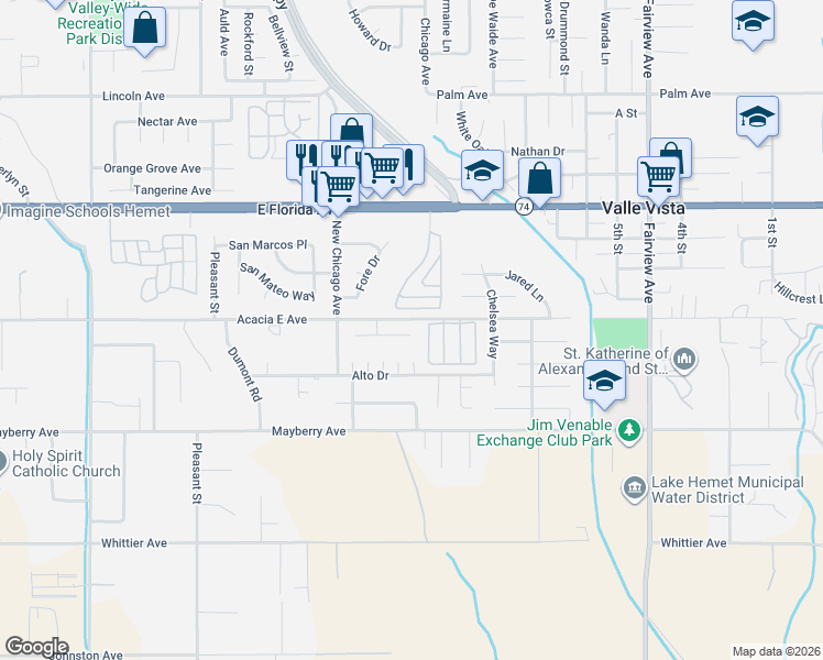 map of restaurants, bars, coffee shops, grocery stores, and more near 43480 Briercliff Drive in Hemet