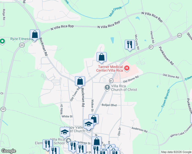 map of restaurants, bars, coffee shops, grocery stores, and more near 609 Old Town Road in Villa Rica