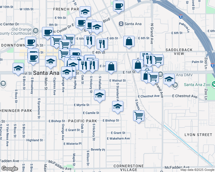map of restaurants, bars, coffee shops, grocery stores, and more near 210 Cedar Street in Santa Ana