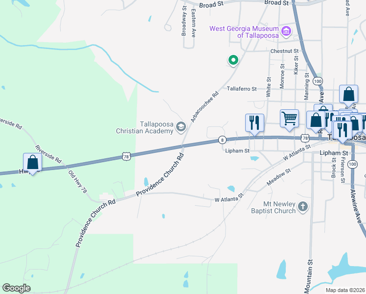 map of restaurants, bars, coffee shops, grocery stores, and more near 4498 Providence Church Road in Tallapoosa