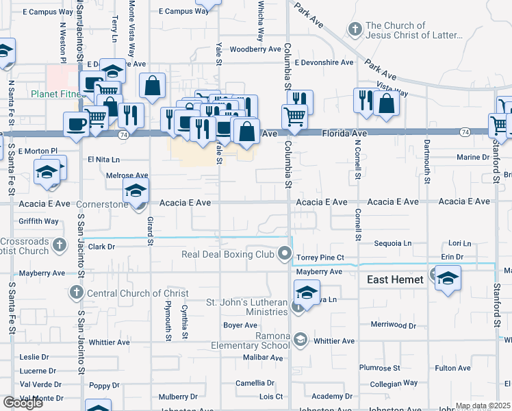 map of restaurants, bars, coffee shops, grocery stores, and more near 40869 Acacia East Avenue in Hemet