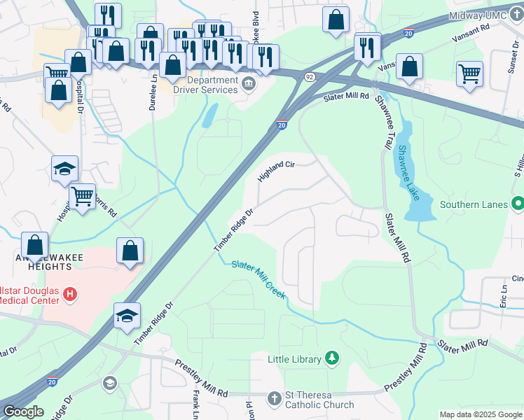 map of restaurants, bars, coffee shops, grocery stores, and more near 4516 Timber Ridge Drive in Douglasville