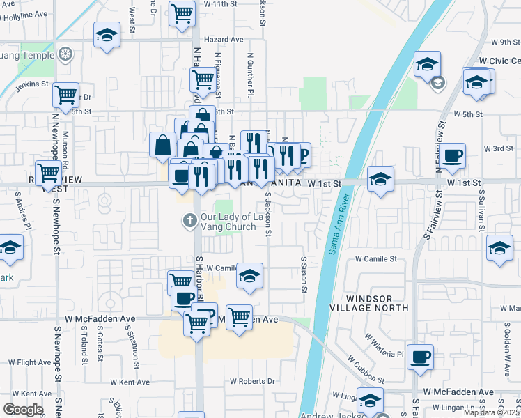 map of restaurants, bars, coffee shops, grocery stores, and more near 3505a South Calle Soledad in Santa Ana
