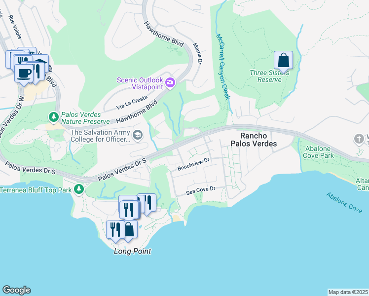 map of restaurants, bars, coffee shops, grocery stores, and more near 32508 Seawolf Drive in Rancho Palos Verdes