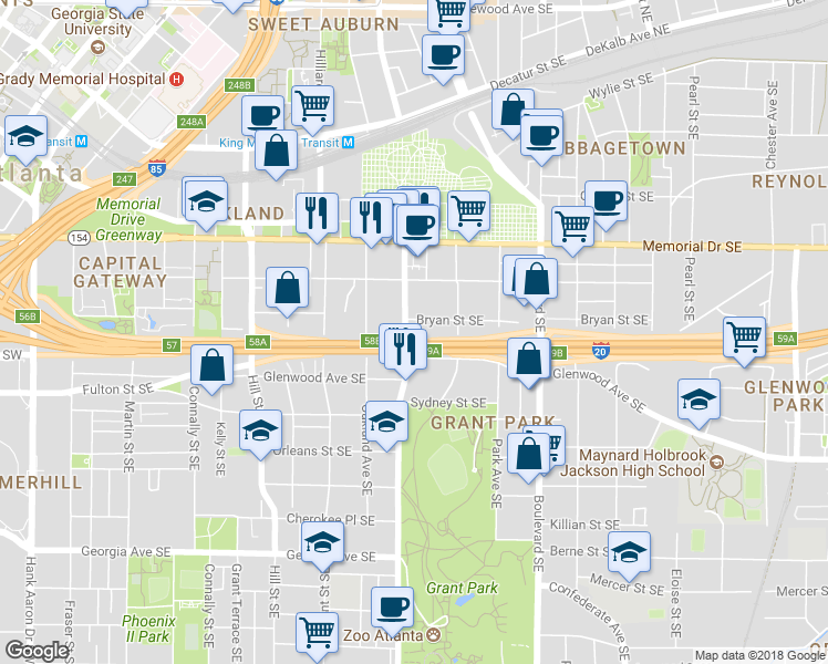 map of restaurants, bars, coffee shops, grocery stores, and more near 396 Cherokee Avenue Southeast in Atlanta