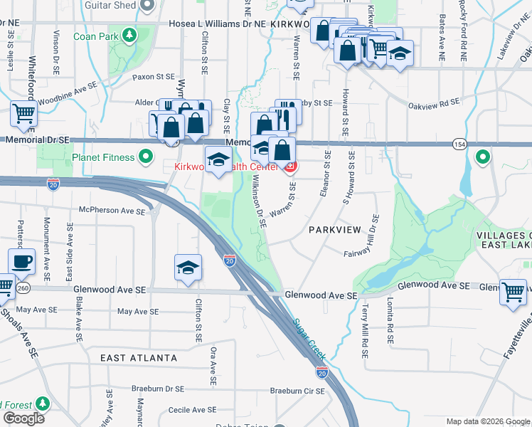 map of restaurants, bars, coffee shops, grocery stores, and more near 326 Wilkinson Drive Southeast in Atlanta