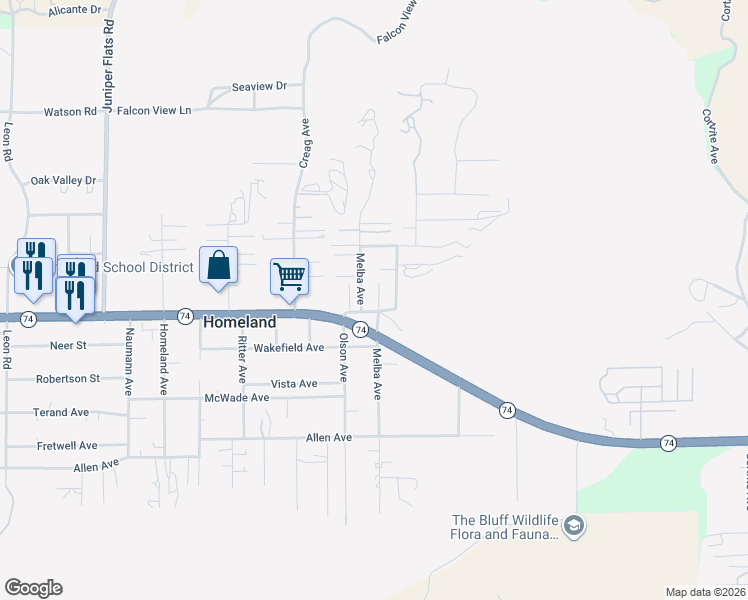 map of restaurants, bars, coffee shops, grocery stores, and more near 25961 Leila Drive in Homeland