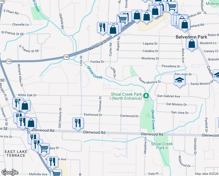map of restaurants, bars, coffee shops, grocery stores, and more near 1617 Welika Drive in Decatur