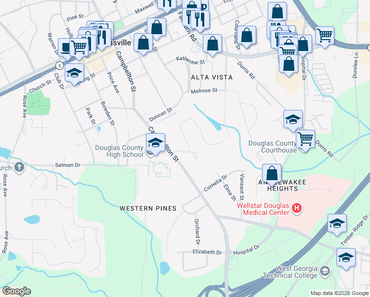 map of restaurants, bars, coffee shops, grocery stores, and more near 8709 Lake Forrest Drive in Douglasville