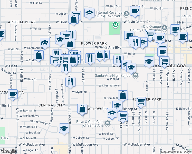 map of restaurants, bars, coffee shops, grocery stores, and more near 1055 West Pine Street in Santa Ana