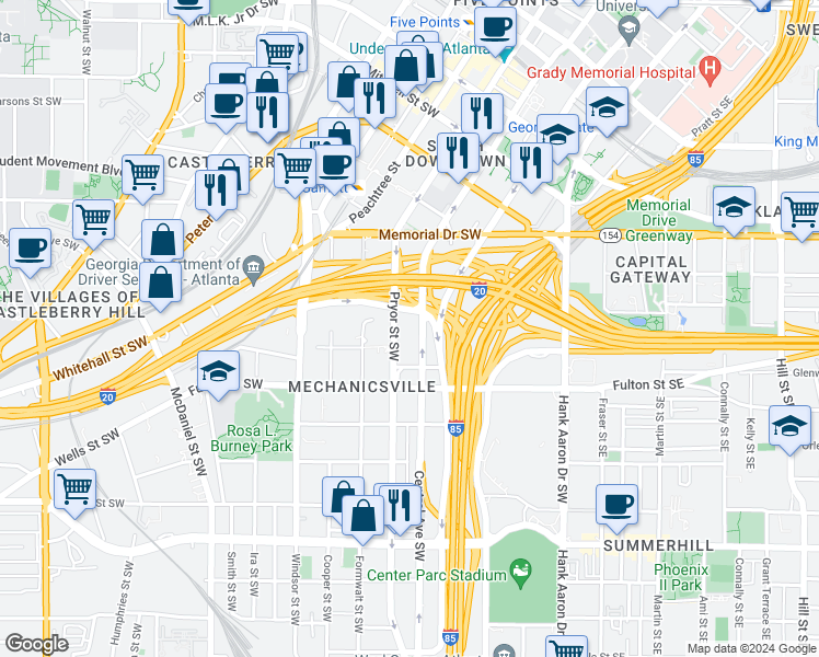 map of restaurants, bars, coffee shops, grocery stores, and more near 400 Pryor Street Southwest in Atlanta