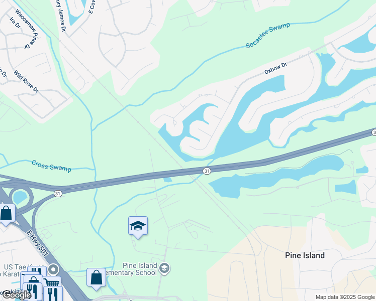map of restaurants, bars, coffee shops, grocery stores, and more near 827 Oxbow Drive in Myrtle Beach