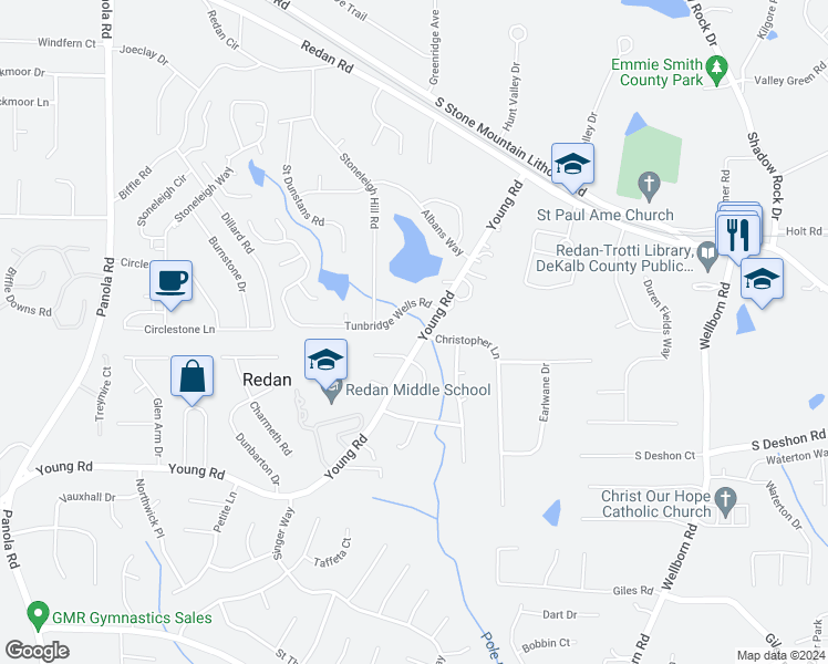 map of restaurants, bars, coffee shops, grocery stores, and more near 1661 Young Road in Lithonia