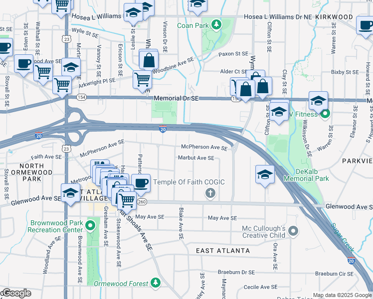 map of restaurants, bars, coffee shops, grocery stores, and more near 1485 McPherson Avenue Southeast in Atlanta
