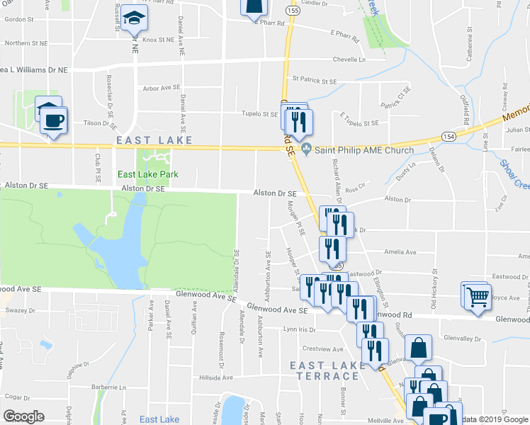map of restaurants, bars, coffee shops, grocery stores, and more near 319 Ashburton Avenue Southeast in Atlanta