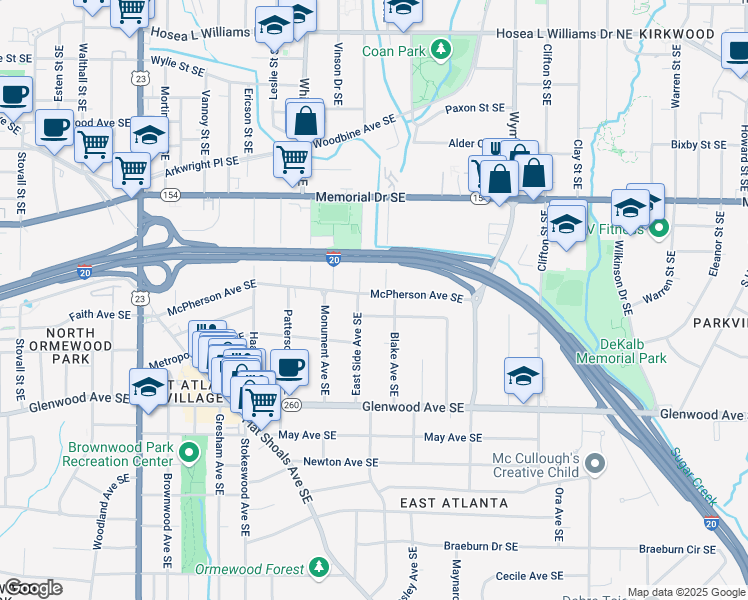 map of restaurants, bars, coffee shops, grocery stores, and more near 1477 McPherson Avenue Southeast in Atlanta