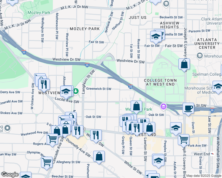 map of restaurants, bars, coffee shops, grocery stores, and more near 1243 Greenwich Street Southwest in Atlanta