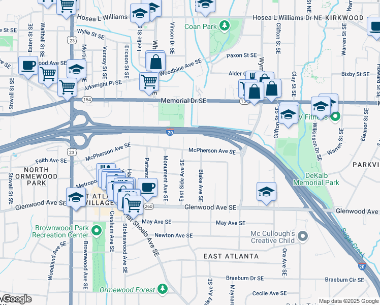 map of restaurants, bars, coffee shops, grocery stores, and more near 1477 McPherson Avenue Southeast in Atlanta