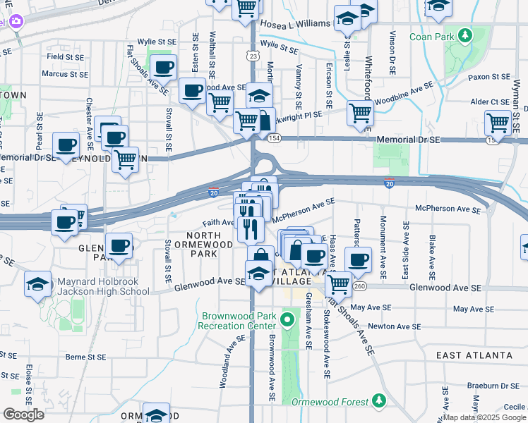map of restaurants, bars, coffee shops, grocery stores, and more near 347 Trilby Street Southeast in Atlanta