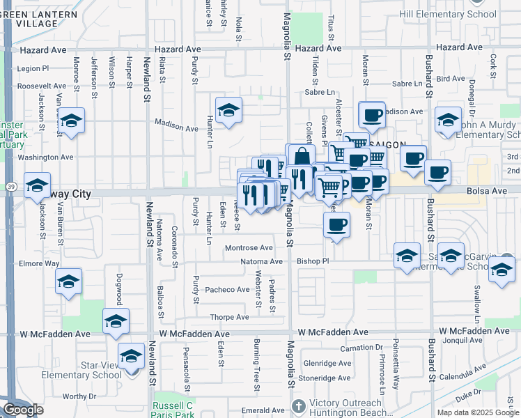 map of restaurants, bars, coffee shops, grocery stores, and more near 8900 Bolsa Avenue in Westminster