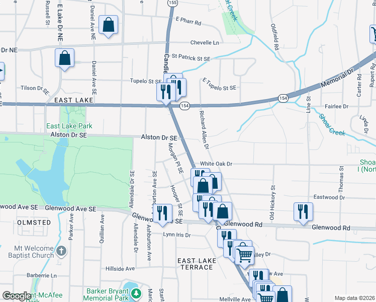 map of restaurants, bars, coffee shops, grocery stores, and more near 307 Candler Road in Atlanta