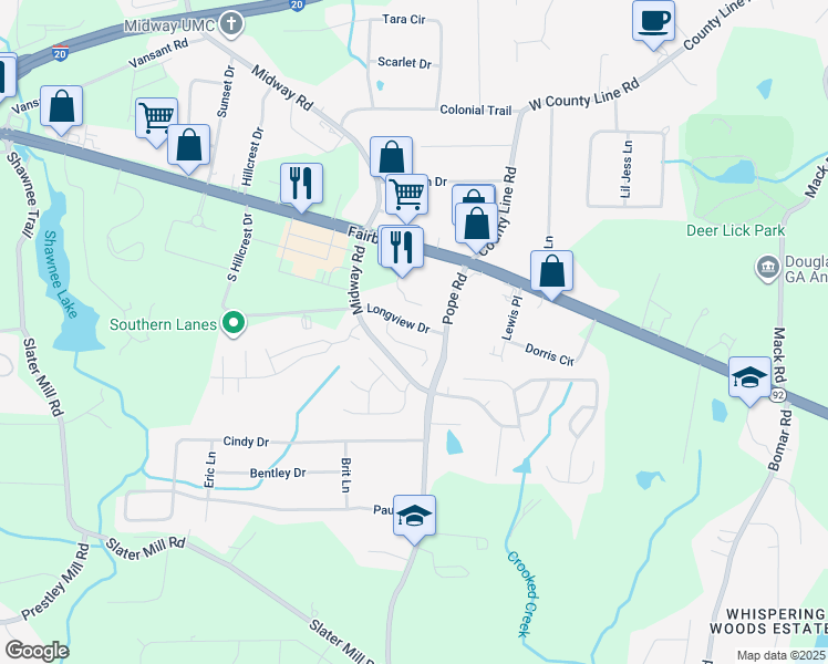 map of restaurants, bars, coffee shops, grocery stores, and more near 3721 Longview Drive in Douglasville