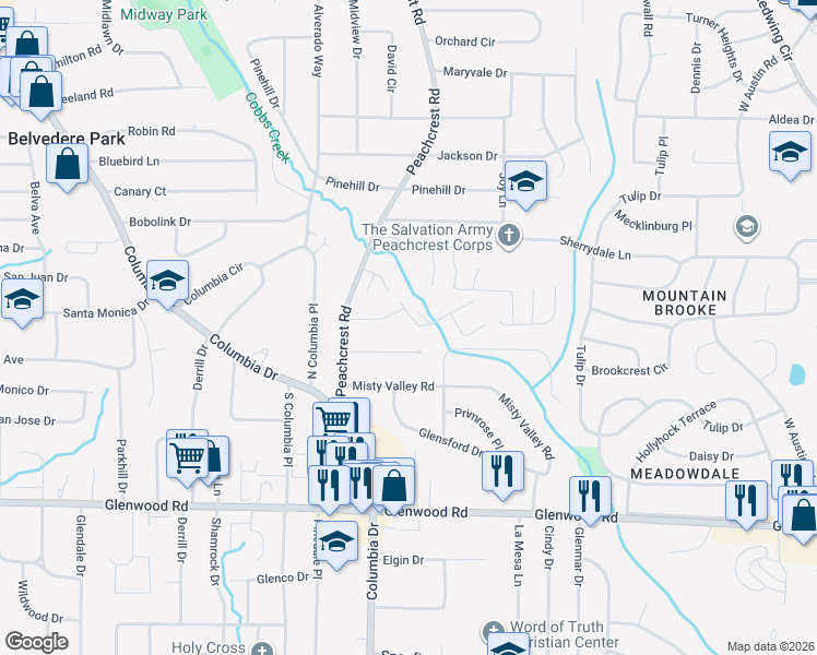 map of restaurants, bars, coffee shops, grocery stores, and more near 3419 Cobbs Ferry Drive in Decatur