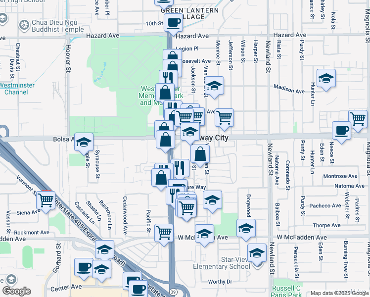 map of restaurants, bars, coffee shops, grocery stores, and more near 15052 Adams Street in Midway City