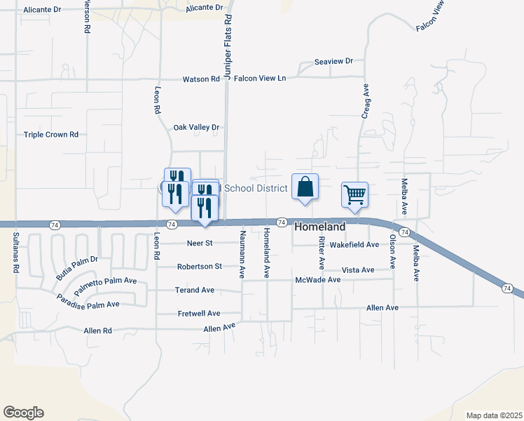 map of restaurants, bars, coffee shops, grocery stores, and more near 25963 Homeland Avenue in Homeland