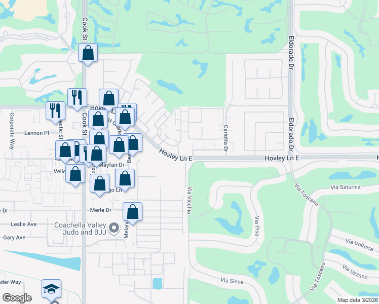 map of restaurants, bars, coffee shops, grocery stores, and more near 41985 Hemingway Court in Palm Desert