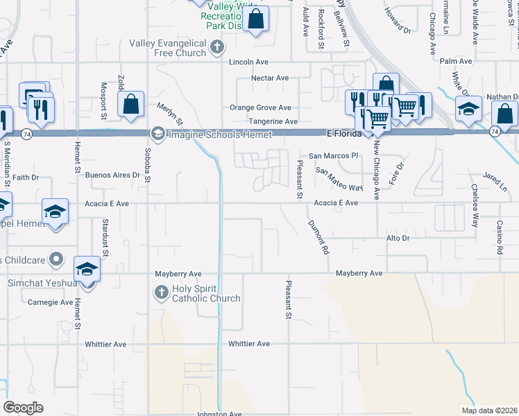 map of restaurants, bars, coffee shops, grocery stores, and more near 42865 Acacia East Avenue in Hemet