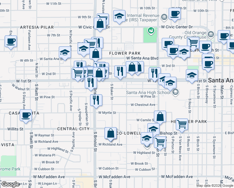 map of restaurants, bars, coffee shops, grocery stores, and more near 1126 West Walnut Street in Santa Ana